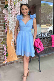 V-Neck Sky Blue Pleated A-Line Party Dress