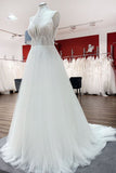 V-Neck Sleeveless Long A-Line Wedding Dress with Sequins, Ruffles, and Open Back Tulle