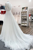 V-Neck Sleeveless Long A-Line Wedding Dress with Sequins, Ruffles, and Open Back Tulle