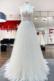 V-Neck Sleeveless Long A-Line Wedding Dress with Sequins, Ruffles, and Open Back Tulle