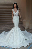 V-Neck Sleeveless Mermaid Wedding Dress with Lace Appliques