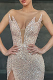 V-Neck Sleeveless Sequins Mermaid Evening Dress with Split