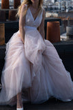 V-Neck Sleeveless Tulle Beach Wedding Dress