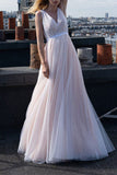 V-Neck Sleeveless Tulle Beach Wedding Dress