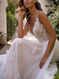 V-Neck Sleeveless Tulle Lace Wedding Dress