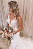 V-Neck Spaghetti Strap Backless Mermaid Wedding Dress with Lace Appliques