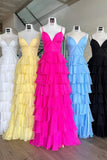 V-Neck Straps Fuchsia Ruffle Chiffon Prom Dress with Slit