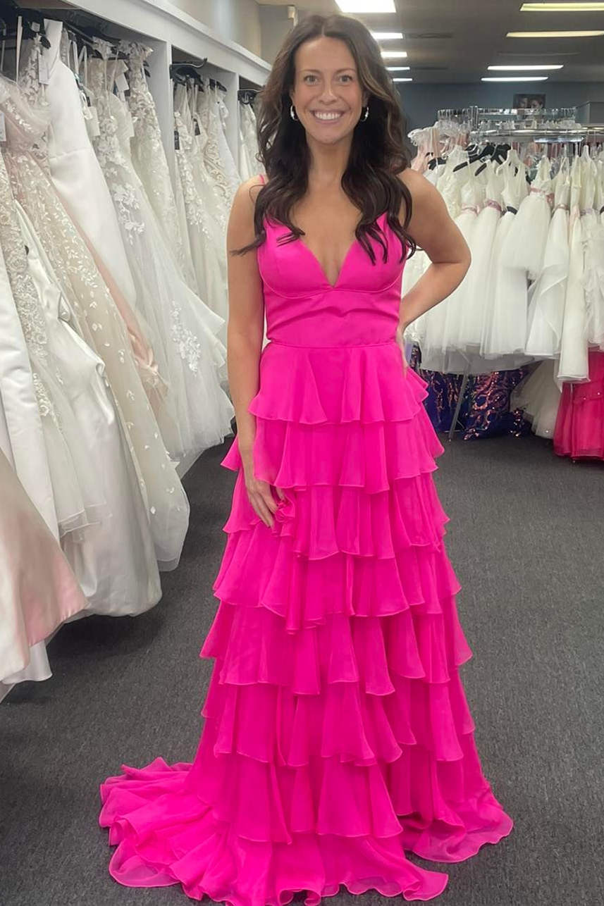 V-Neck Straps Fuchsia Ruffle Chiffon Prom Dress with Slit