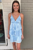 V-Neck Straps Light Blue Layered Short Homecoming Dress