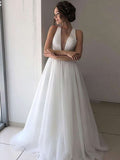 V-neck Tulle Wedding Dress with Beading and Sweep Train