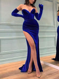 V-neck Velvet Split Front Prom Dress with Sheath/Column Sweep Train