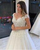 V-neck Wide Straps A-Line Wedding Dress With Pearl Tulle Appliques Lace