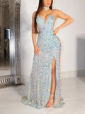 Velvet Sequins Prom Dresses with Split Front - Elegant Sheath/Column V-neck Floor-Length