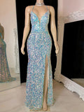 Velvet Sequins Prom Dresses with Split Front - Elegant Sheath/Column V-neck Floor-Length