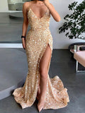 Velvet Sequins Sheath/Column Prom Dress with Split Front and Sweep Train V-neck