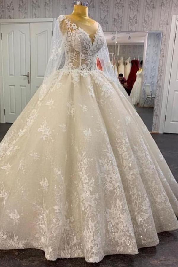 Vintage A-Line Bateau Neck Floor-Length Tulle Wedding Dress with Lace Sequins Appliques