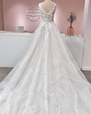 Vintage A-Line Deep V-Neck Backless Ruffle Wedding Dress with Tulle and Lace Appliques