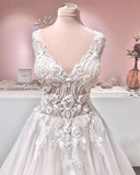 Vintage A-Line Deep V-Neck Backless Ruffle Wedding Dress with Tulle and Lace Appliques