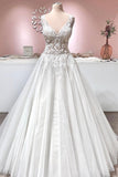 Vintage A-Line Deep V-Neck Backless Ruffle Wedding Dress with Tulle and Lace Appliques