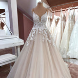 Vintage A-Line V-Neck Spaghetti Strap Backless Wedding Dress with Lace Appliques and Tulle