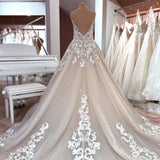 Vintage A-Line V-Neck Spaghetti Strap Backless Wedding Dress with Lace Appliques and Tulle