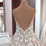 Vintage A-Line V-Neck Spaghetti Strap Backless Wedding Dress with Lace Appliques and Tulle