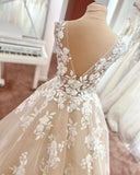 Vintage A-Line V-Neck Wide Strap Backless Wedding Dress with Tulle and Lace Appliques