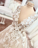 Vintage A-Line V-Neck Wide Strap Backless Wedding Dress with Tulle and Lace Appliques