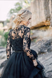 Vintage Black A-Line Long Sleeves Wedding Dress With Ruffles Appliques Lace Tulle