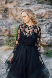 Vintage Black A-Line Long Sleeves Wedding Dress With Ruffles Appliques Lace Tulle