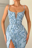 Vintage Blue Spaghetti-Straps Mermaid Prom Dress with Sequins