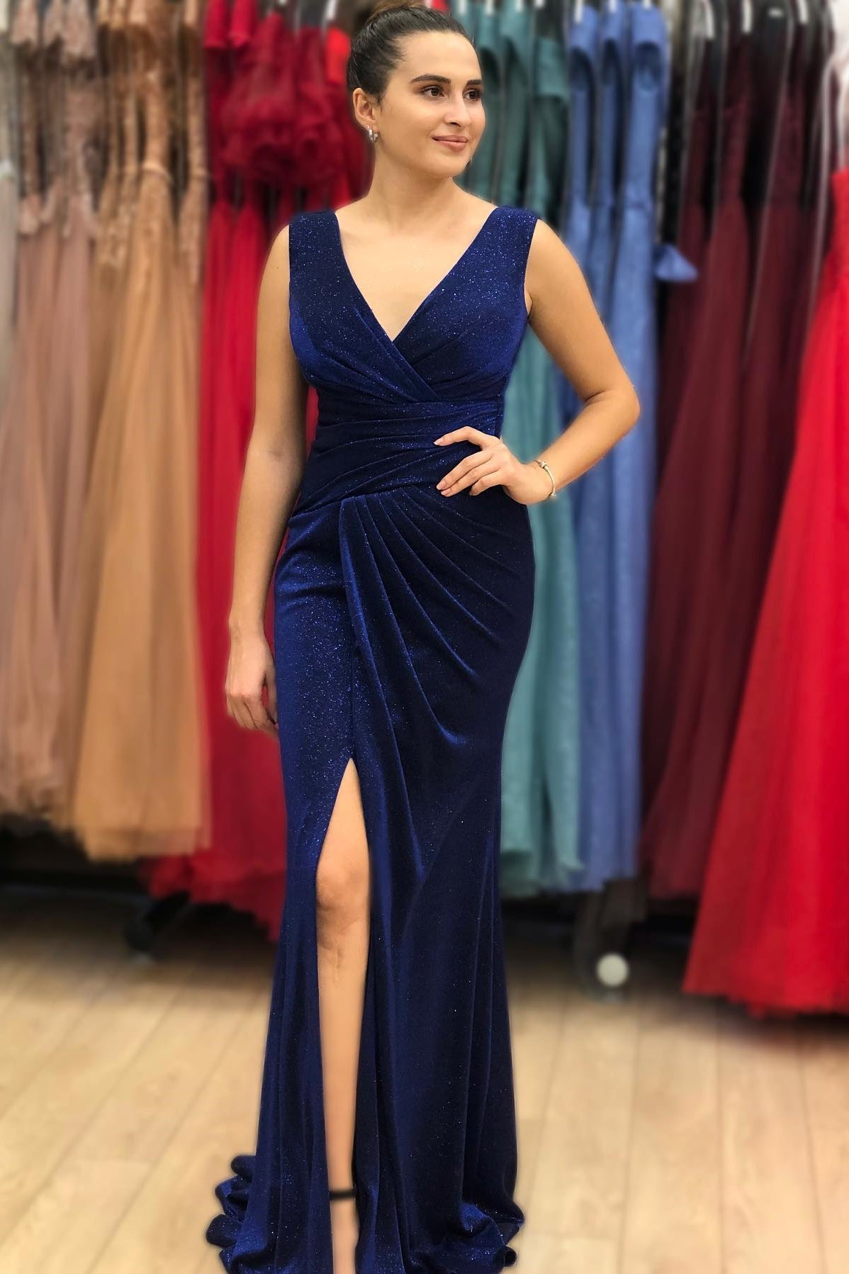 Vintage Blue V-Neck Long Mermaid Prom Dress with Split