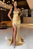 Vintage Champagne Strapless Mermaid Long Prom Dress with Split