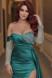 Vintage Emerald Long Sleeve Off-the-Shoulder Beaded Mermaid Prom Dress with Split