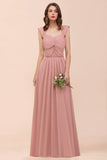 Vintage Mauve Chiffon Straps Ruffle Affordable Bridesmaid Dress-Babyonlines