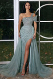 Vintage One Shoulder Mermaid Evening Dress with Beadings and Long Ruffles