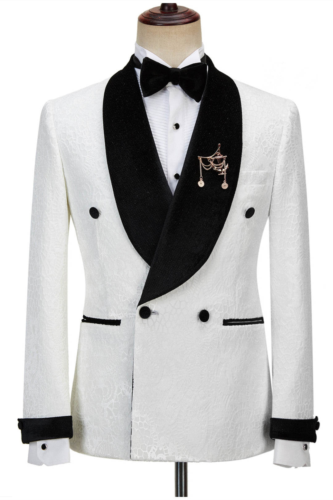 White Double-Breasted Jacquard Shawl Lapel Reception Suit with Sparkle for Men