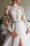 White High Collar Mermaid Evening Dress with Long Sleeve Flowers and Split