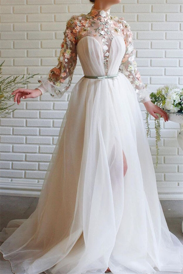 White High Collar Mermaid Evening Dress with Long Sleeve Flowers and Split