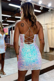 White Iridescent Sequins Deep V Neck Lace-Up Tight Homecoming Dress