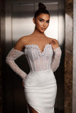 White Long Mermaid Wedding Dress with Beading and Split