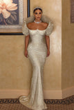 White Long Mermaid Wedding Dress with Sequins, Sleeveless with Beading