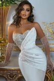 White Long Sleeve Sweetheart Beaded Mermaid Wedding Dress with Detachable Skirt