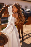 White Long Sleeve Wedding Dress with Lace and Split