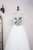 White Off-the-Shoulder Cut Mirror Sequin A-Line Prom Dress