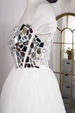 White Off-the-Shoulder Cut Mirror Sequin A-Line Prom Dress