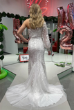 White One Shoulder Long Sleeve Appliques Long Prom Dress with Slit