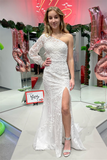 White One Shoulder Long Sleeve Appliques Long Prom Dress with Slit