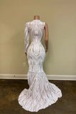 White One-Shoulder Long Sleeves Mermaid Prom Dress with Sequins Lace and Split