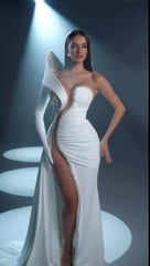 White One-Shoulder Prom Dress with Long Mermaid and High Slit